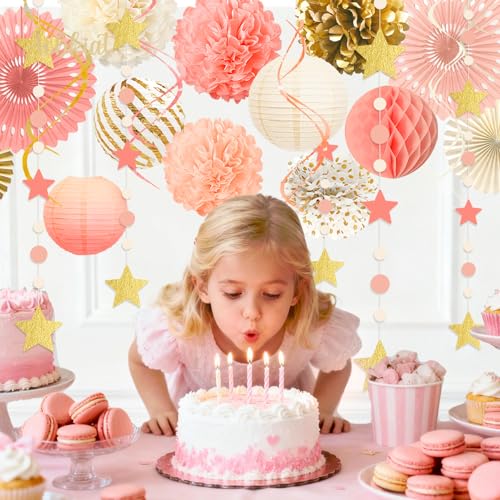 AOBKIAT Pink Gold Birthday Decorations Kit - 19PCS Party Set
