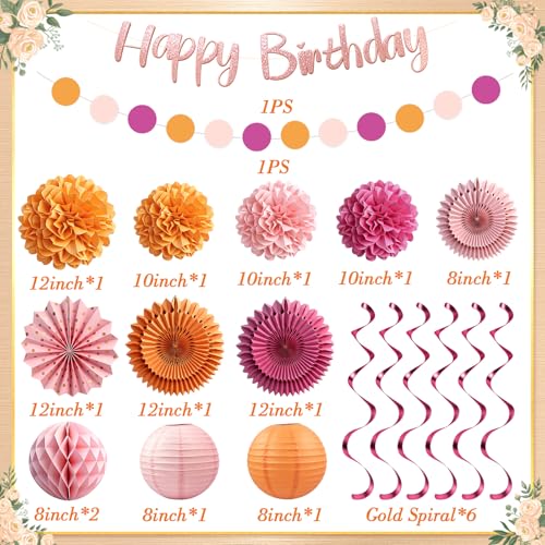 Pink and Orange Birthday Decorations Set for Women - 20pcs