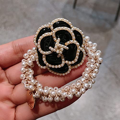 Floral 3Pcs Elastic Beaded Hair Ties with Bow Rhinestone Flowers for Women & Girls