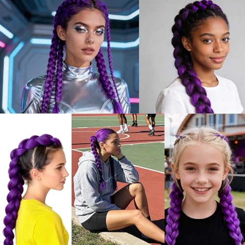 Maffuno 26in Pre-Stretched Purple Hair Extensions for Braids Halloween Cosplay (3 Pack)