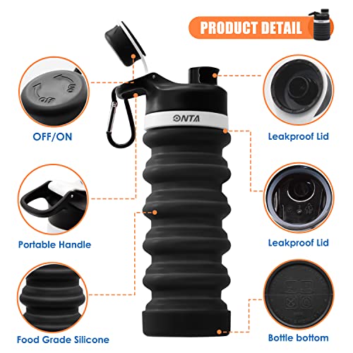 ONTA Collapsible Silicone Water Bottle 20oz - BPA Free, Leakproof & Portable