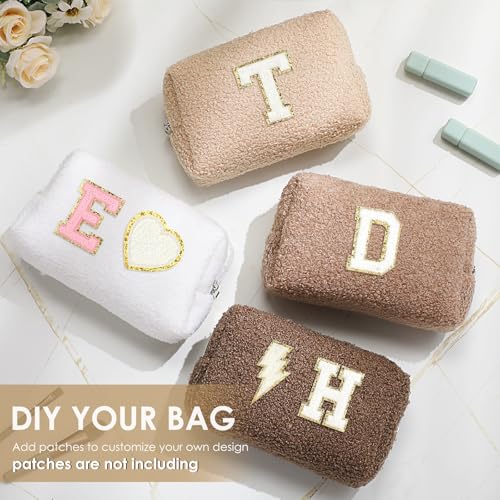 Paterr 4 Pack Fuzzy Cosmetic Bags in White & Brown Plush Travel Makeup Pouches