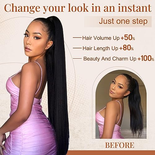 Flufymooz 30 Inch Natural Black Synthetic Ponytail Extension - Easy Clip-In Hairpiece for Women