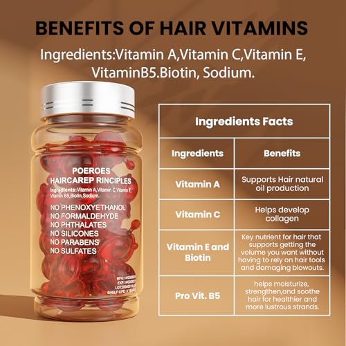 POEROES Hair Oil 50 Capsules - Hair Vitamins A C E Pro B5 - Hair Treatment Serum - Serum for Frizzy and Damaged Hair - Argan & Avocado Oil - Leave in Conditioner for Women & Men