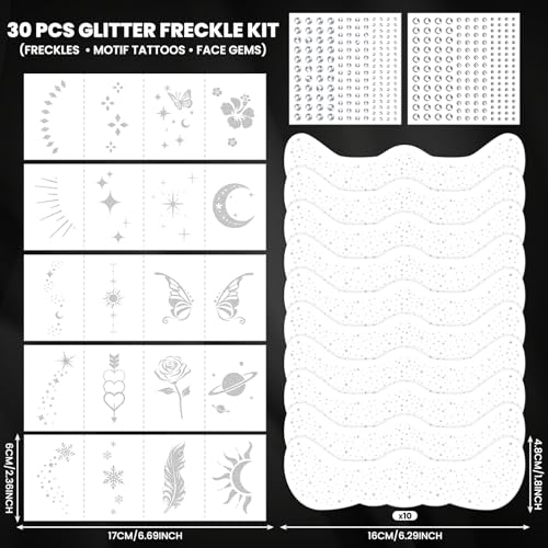 30PCS Glitter Freckles & Face Gems Set - Silver Temporary Tattoos
