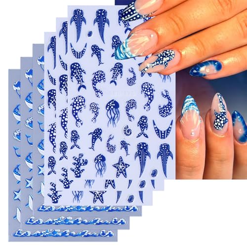 GRITOSE V8 Ocean Marine Life Nail Art Stickers 6 Sheets Summer Beach Decals