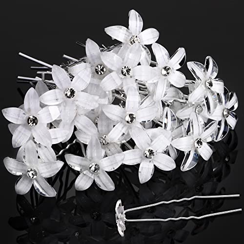 Waydress White Rhinestone Flower Hair Pins Set, U-Shaped Clip for Wedding Bridesmaids