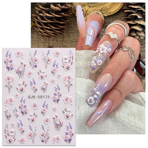 JMEOWIO 3D Floral Nail Art Stickers - Self-Adhesive Decals, 4 Sheets