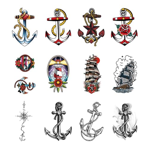 Anchor Temporary Tattoo Stickers - Waterproof Body Art Set of 12
