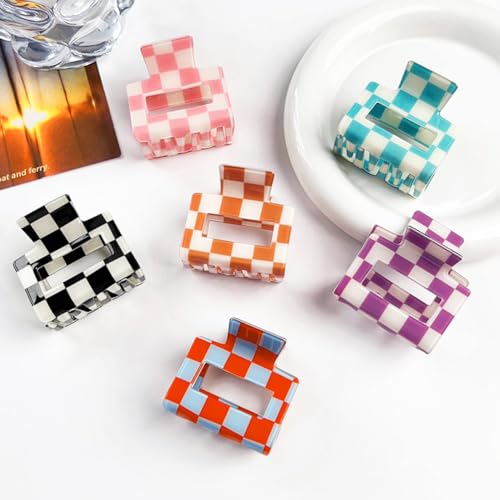 Colorful Checkered Rectangle Hair Claw Clips for Women - Strong Hold, 6 Pcs