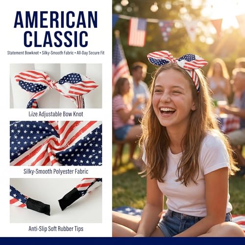 SEVSOASEVK Bule American Flag Headbands with Patriotic Bows - 4th of July Accessories