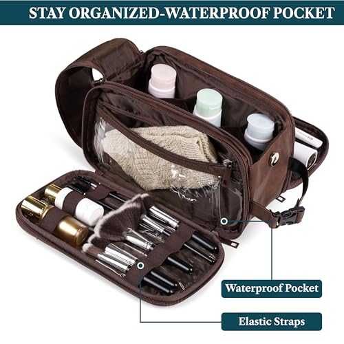 PAVILIA Large Dark Brown Toiletry Bag for Men - Water Resistant Travel Dopp Kit