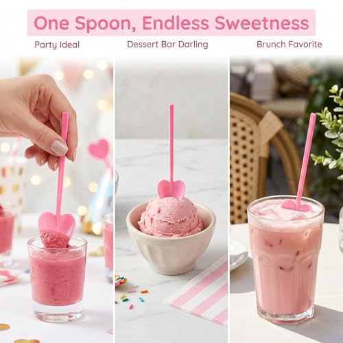 KALLORY 100PCS Heart-Shaped Pink Disposable Dessert Spoons