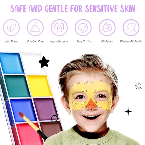 VOLLUCK Face Paint Kit with 12 Colors & 10 Brushes - Safe Body & Face Makeup for Halloween & Parties