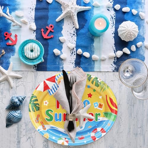 Hello Summer Oval Paper Plates - 50 Pack, 9" x 11" Disposable Beach Party Plates