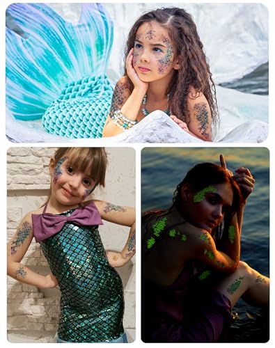 Ulmisfee Halloween 16 Sheets Luminous Mermaid Scale Temporary Tattoos – Glow in the Dark Mermaid Party Favors (Medium)