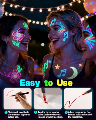 Oiomniv Glow in The Dark Face Paint Markers - 10 Multicolor Neon Pens