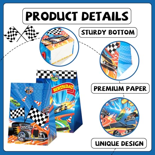 24 Race Car Party Favor Bags with Stickers - Blue Racing Theme