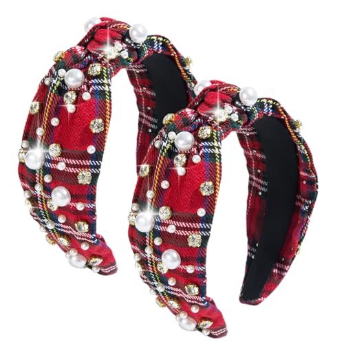 Villorem Red Buffalo Plaid Christmas Headband with Pearls & Rhinestones - One Size, 2 Pack