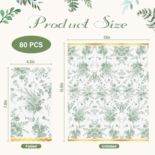 80 Pcs Green Floral Disposable Napkins with Gold Foil - Vintage Style