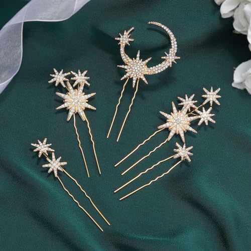 Gold Star & Moon Bridal Hair Pins - Pack of 5 Crystal Accessories
