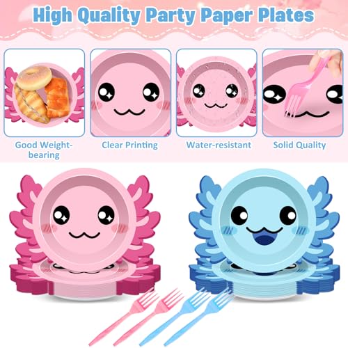 Axolotl Birthday Party Plates Set for 20 Guests – 7 Inch Dessert Plates & Forks