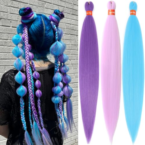 DAN NING 30 Inch Colorful Pre Stretched Braiding Hair Extensions - 3 Packs, Yaki Texture, Festival Style (Light Blue, Purple, Lavender)