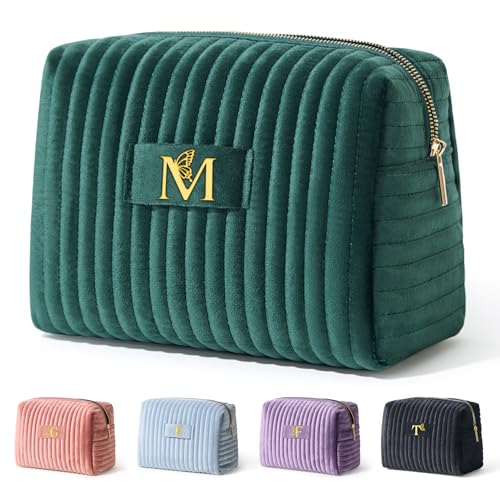 COSHAYSOO Personalized Forest Green Makeup Bag with Initial M