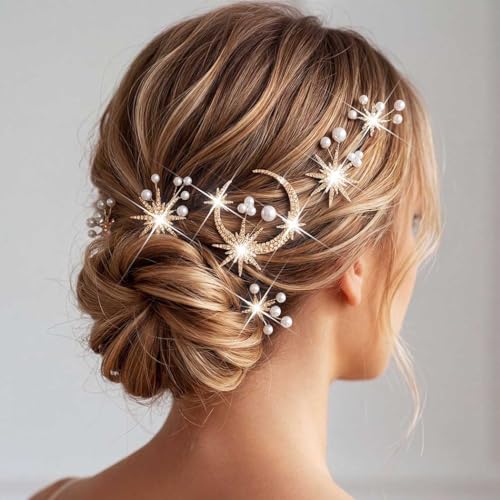 Gold Star Moon Hair Pins - Bridal Hair Accessories, Pack of 4