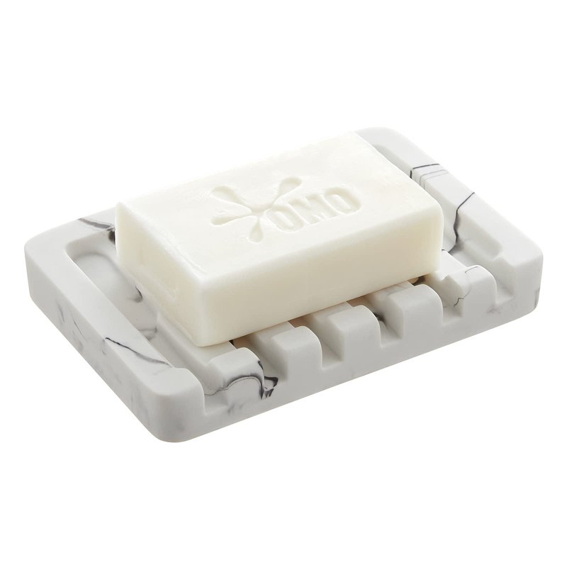 INIUNIK Self Draining Soap Dish - Marble Look Soap Holder Tray Savers Box Container Sponge Holder for Bathroom Shower Kitchen, White