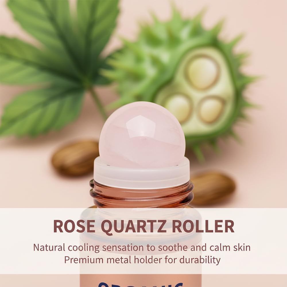 Organic Castor Oil Roll-On - 100% Cold Pressed with Rose Quartz Roller | Nourishes Brows, Lashes & Dry Skin, Travel-Friendly 1oz