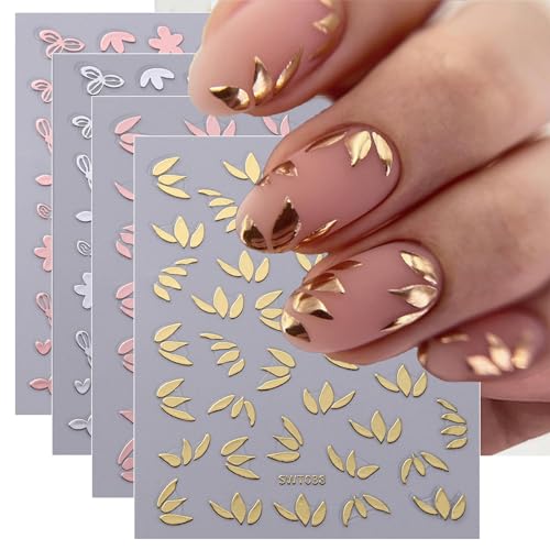 TOGZOM Style5 Gold Flower Leaf Nail Art Stickers 3D Self-Adhesive Decals for Women