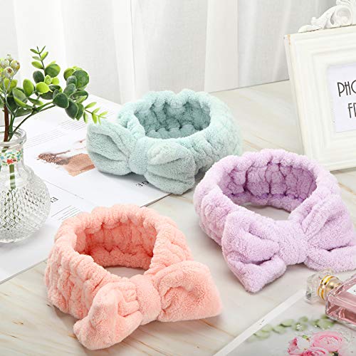 Hicarer 3-Pack Bow Makeup Headbands - Light Orange, Purple, Green, Adjustable, Washable