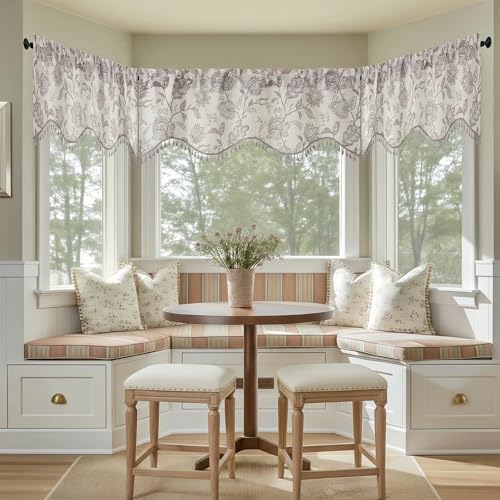 Farmhouse Scalloped Valance - Floral Faux Linen Window Curtain 52x18