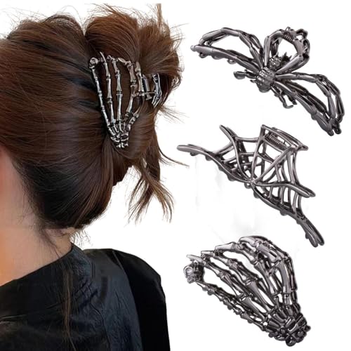 RAUIMOUR 3PCS Black Spider Web Skeleton Hand Hair Claw Clips for Women Girls
