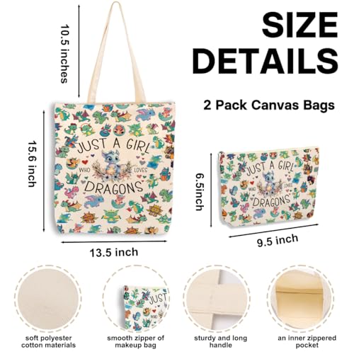 Dragon Print Canvas Tote Bag with Matching Cosmetic Zipper Pouch Set