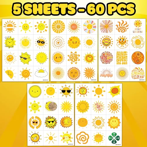60 PCS Sunshine Temporary Tattoos for Kids - Boho Party Favors