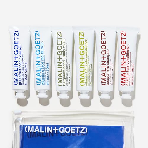MALIN+GOETZ Best-Sellers Travel Kit | Six Everyday Essentials for Face, Body + Hair | Grapefruit Face Cleanser, Vitamin E Face Moisturizer, Peppermint Shampoo + More | Vegan, Travel-Friendly(6 x 1 oz)