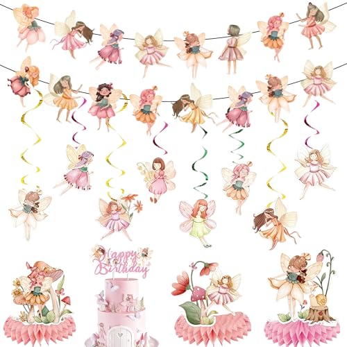 Fairy Birthday Party Decorations Set - 14 Pcs Banners, Swirls & Cake Topper