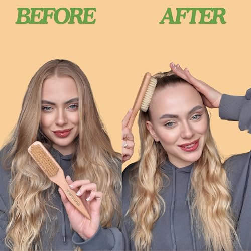 GranNaturals Soft Boar Bristle Hair Brush for Styling & Smoothing, Wide Wooden End for Parting & Teasing