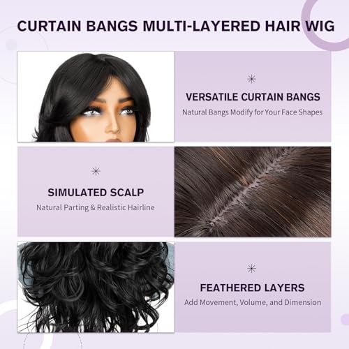22 Inch Long Black Layered Wig with Curtain Bangs for Women
