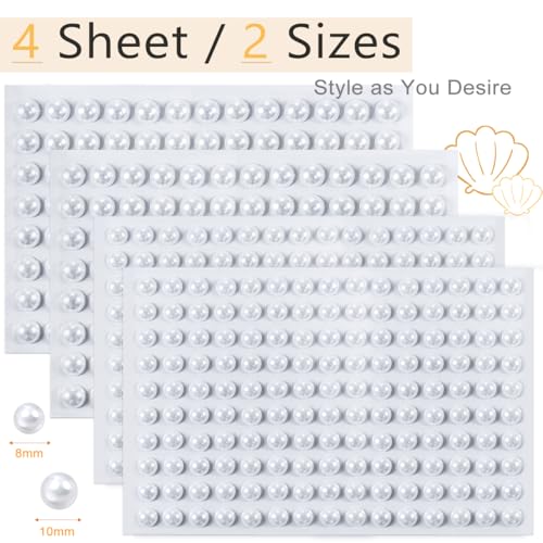 qiipii 4 Sheets Self-Adhesive White Half Pearls Stickers 8mm & 10mm