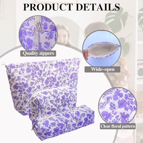 3-Piece Floral Quilted Makeup Bag Set - Cotton Cosmetic Travel Organizer