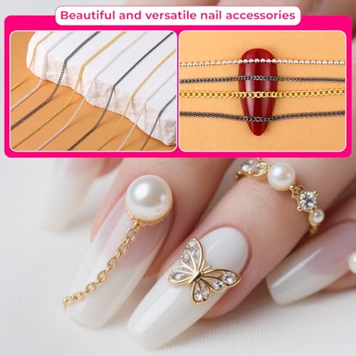 Metal Nail Art Chains Set - 12 Strips in Gold, Silver, Gray