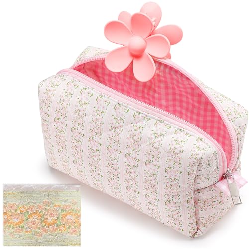 Paterr Quilted Makeup Bag, Pink Floral Cotton Cosmetic Pouch for Travel