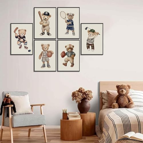 Teddy Bear Sports Wall Art Set - 6 Vintage Prints for Kids' Rooms