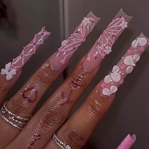 RUOKEXIN Long Square Press On Nails Pink French Tip Glitter Butterfly Design - Model C6C31 - 24 Pcs