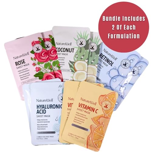 Nature Well All-Skin Hyaluronic Acid Rose Retinol Coconut Vitamin C Sheet Masks Multipack (10 Packs)