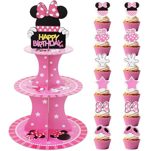 3-Tier Black and Pink Cartoon Cupcake Stand with 24 Toppers