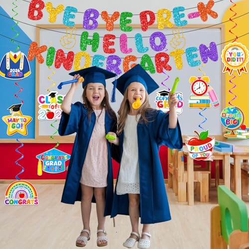 Pre-K Graduation Decorations Set with Banner and Hanging Swirls